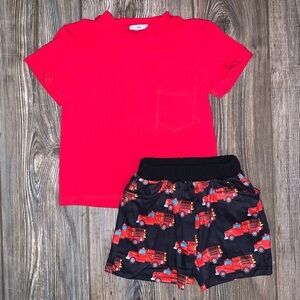 Pete + Lucy Red Tee and Fire Truck Shorts